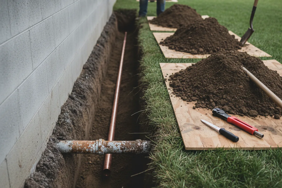 Excavated water line trench during Water Softener Installation in Bruce